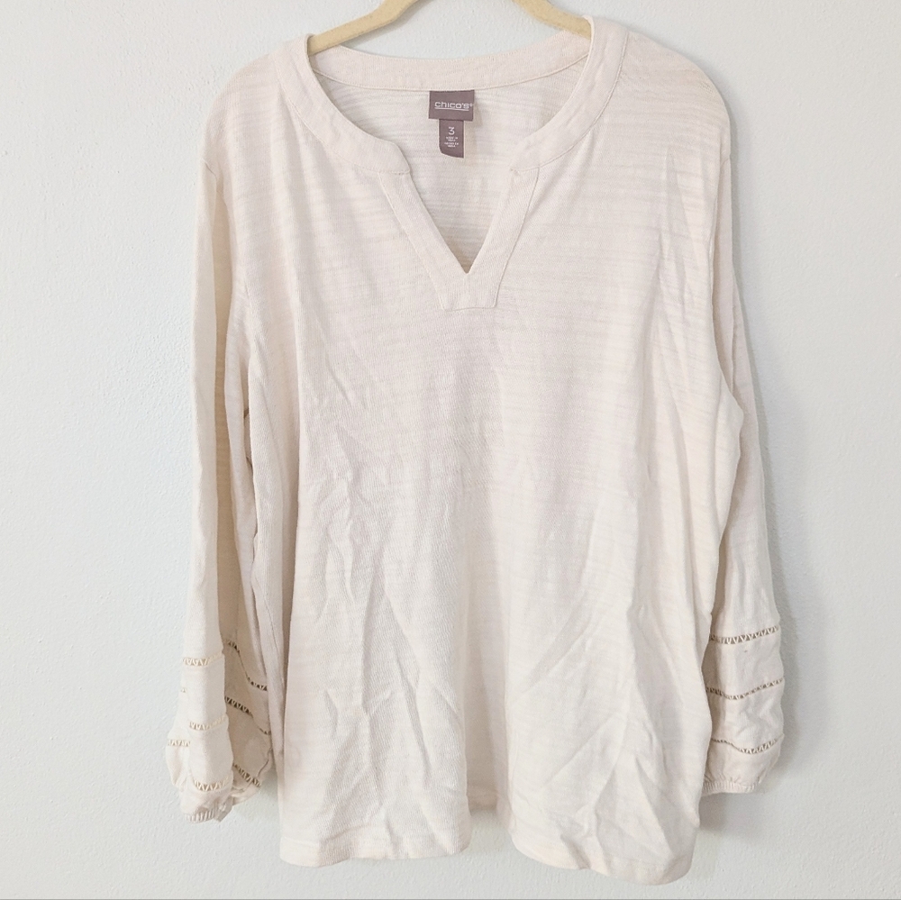 Chico's Balloon Sleeve Peasant Top Split Neck Long Sleeve Knit Beige 3 XL